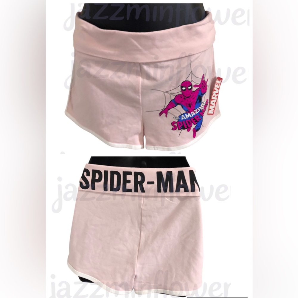 Marvel Spiderman pink foldover waist loungewear shorty shorts size medium new